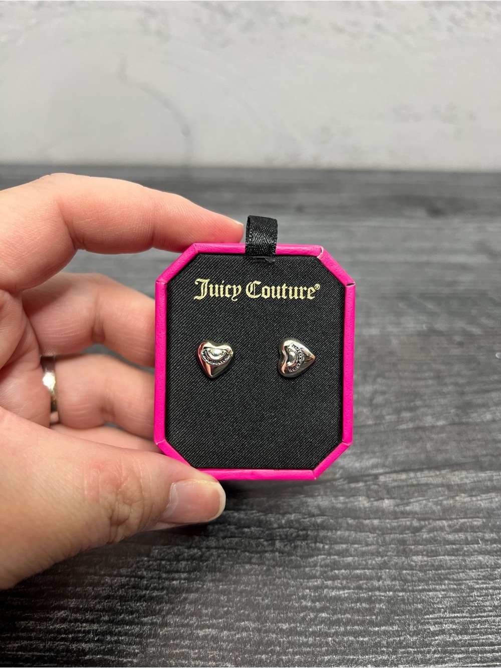 Vintage Juicy Couture Silver Heart Stud Earrings - Pink Packaging